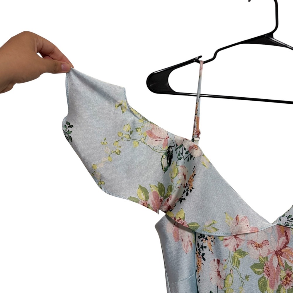 Bebe Printed Bubble Satin Mini Dress Light Blue Floral Romantic Women's Large - Picture 6 of 9